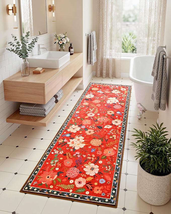 Macgace 2x6 Floral Runner Rug, Flowers Printed Washable Rugs with Non Slip Backing for Girls Bedroom Kitchen Hallway,Cute Carpet Runners Home Aesthetic Decor, Christmas Red