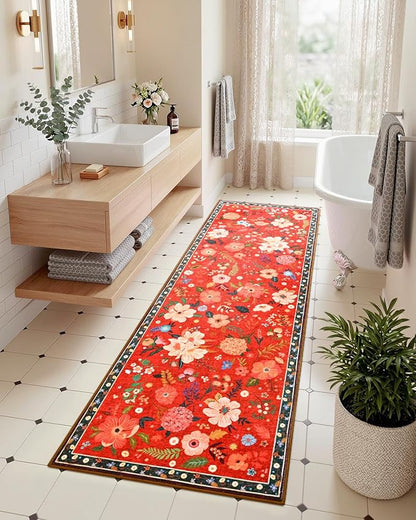 Macgace 2x6 Floral Runner Rug, Flowers Printed Washable Rugs with Non Slip Backing for Girls Bedroom Kitchen Hallway,Cute Carpet Runners Home Aesthetic Decor, Christmas Red