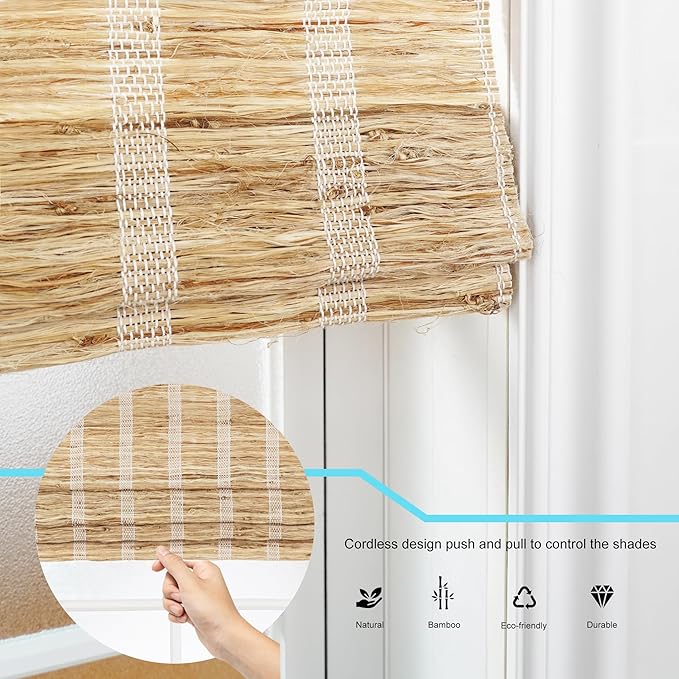 Motorized Bamboo Roman Shades, Motorized Blinds with Remote Compatible with Homekit, Alexa GoogleHome, Smart Wood Woven Shades for Indoor Windows, Customize, Shoreline Drift