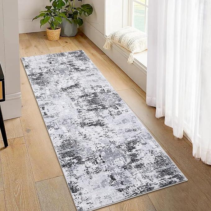 ROYHOME Modern Abstract 2x10 Runner Rug Non Slip Non Shedding Low Pile Stain Resistant Rug for Hallway Kitchen Bedroom,Grey