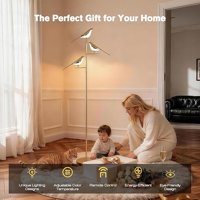 Remote Control Floor Lamps for Living Room: with 3 Adjustable LED Bird Lights - Easy to Install in 5 Minutes - Dimmable Standing Lamp - Tall Bird Floor Lamp for Bedroom Kids Room Home Decor