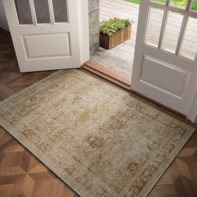 Washable 2x3 Entryway Rug, Boho Non-Slip Door Mat Vintage Distress Small Rugs for Kitchen Nursery Office Bedroom, 0.3" Neutral Oriental Throw Carpet with Cushioning Pad, Brown/Multi, C1