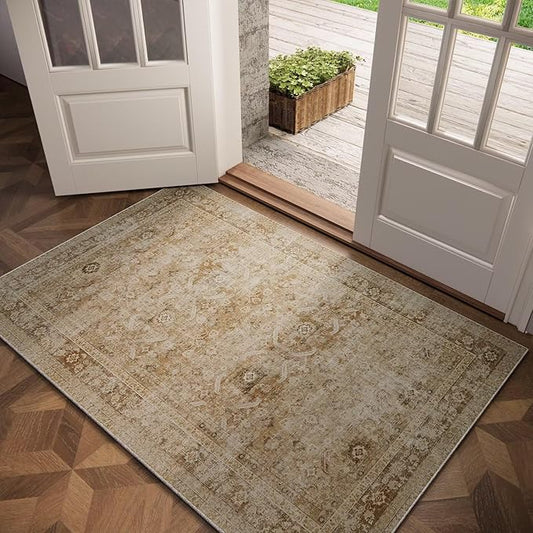 Washable 2x3 Entryway Rug, Boho Non-Slip Door Mat Vintage Distress Small Rugs for Kitchen Nursery Office Bedroom, 0.3" Neutral Oriental Throw Carpet with Cushioning Pad, Brown/Multi, C1