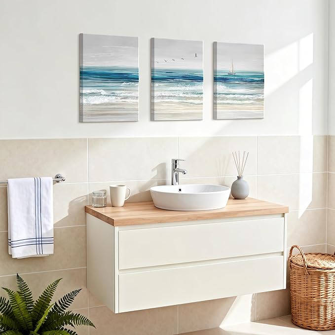 WENGTIAO Abstract Ocean Wall Art Set of 3 Blue Beach Canvas Paintings Minimalist Coastal Prints Pictures Sail Boat Home Decor Seascape Artwork for Living Room Bedroom Hallway 12”x16”x3Pcs