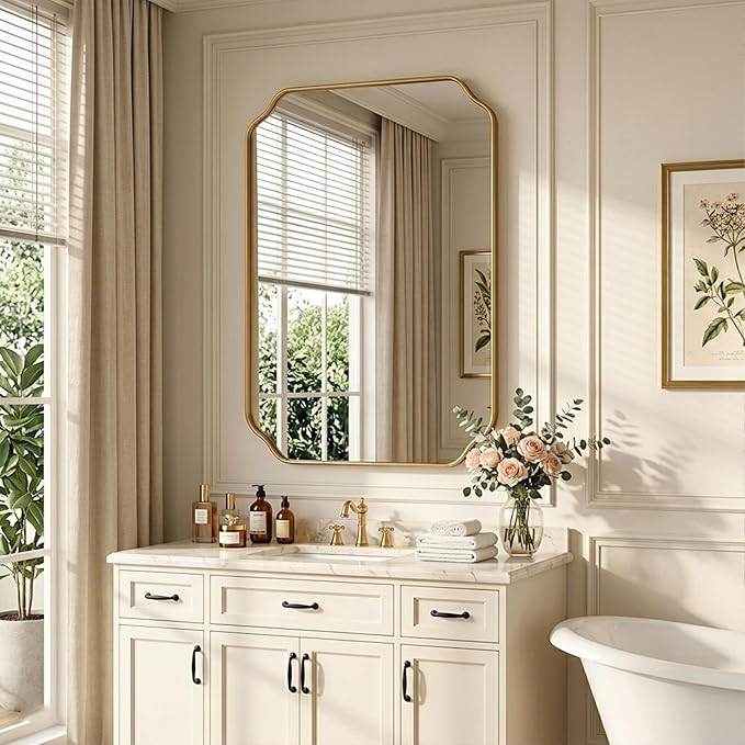 Gold Wall Mirror 32"x24", Scalloped Edge Vanity Mirror - Hangs Vertically/Horizontally Decorative Bathroom Mirror for Vanity, Bedroom & Entryway, Aesthetic Bathroom Decor