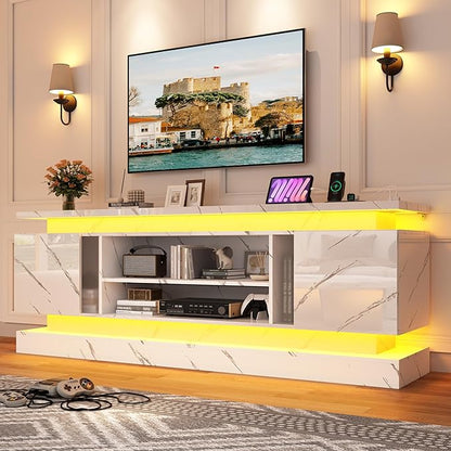 71" 2 LED Marble TV Stand for TVs 85 inch,High Gloss Gaming Tall Entertainment Center w/Power Outlet,6000-Colors LED Lights,Modern TV Media Console Table with 2 Cabinets for Living Room,White Marble