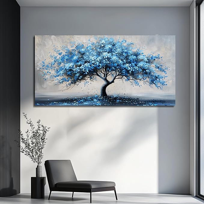 KELIYUAN Canvas Wall Art For Living Room Framed Wall Decorations For Bedroom Office Wall Decor Abstract Painting Blue Tree Pictures Artwork Ready To Hang Guesthouse Room Mural Home Decor 20x40 In