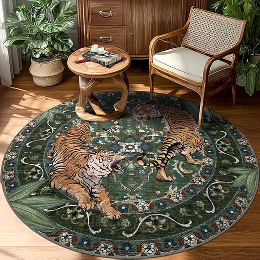 Round Tiger Area Rugs for Living Room 5ft, Boho Green Animal Print Bedroom Circle Rugs Non Slip, Washable Botanical Jungle Floor Carpet for Dining Room Entryway Nursery Playroom Office
