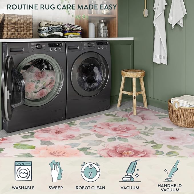 Lahome Floral Nursery Rug 5x7 Area Rugs,Soft Boho Pink Rugs for Bedroom Girls,Low Pile Large Living Room Rug, Home Decor Carpet for Dining Room Kids Playroom Farmhouse, Beige/Multi