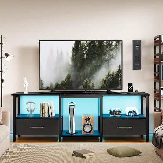 TV Stand for 65 Inch TV, LED Entertainment Center with Fabric Drawers and Power Outlets, Modern Industrial TV Media Console for Living Room, Bedroom Storage Cabinet - 59'' Black
