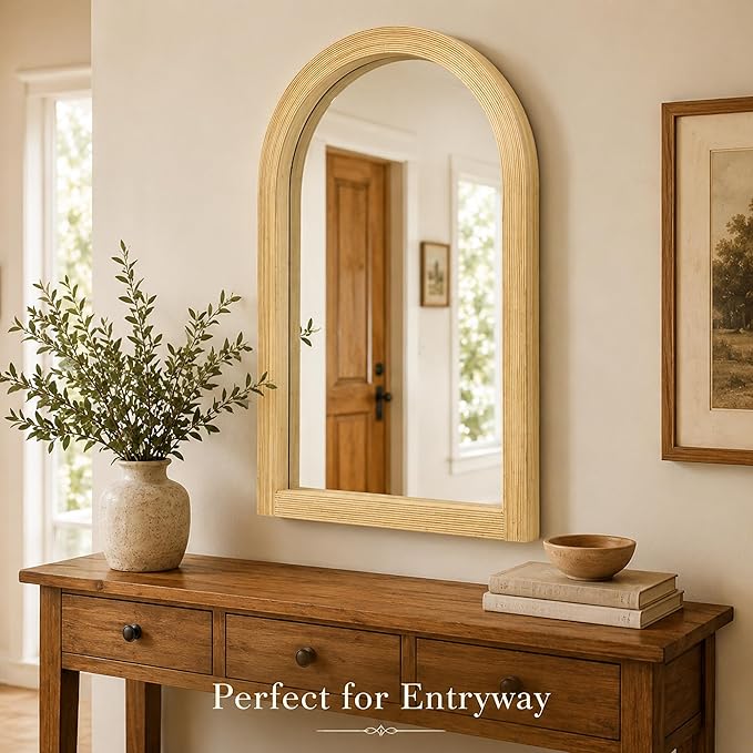 24" x 36" Arched Bamboo Wall Mirror, Handwoven Natural Frame with 2-Inch Deep Textured Profile, Decorative Boho Mirror for Entryway, Bedroom, Living Room