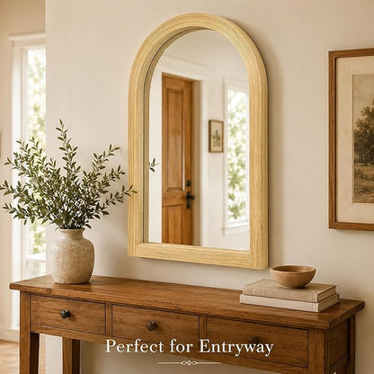 24" x 36" Arched Bamboo Wall Mirror, Handwoven Natural Frame with 2-Inch Deep Textured Profile, Decorative Boho Mirror for Entryway, Bedroom, Living Room