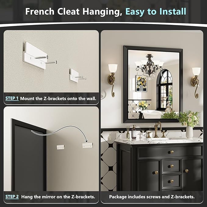 24x36 Inch Black Bathroom Mirror for Wall, Beveled Framed Rectangle Bathroom Vanity Mirrors for Over Sink, Bedroom, Living Room, Entryway, Anti-Rust, HD Tempered Glass, Horizontally/Vertically