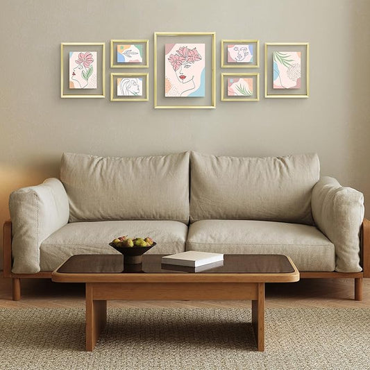 Frametory, Floating Picture Frames Set - Gold Metal Photo Frames - Real Glass - Displays One 11x14, Two 8x10, And Four 5x7 Inch Photos for Home Decoration