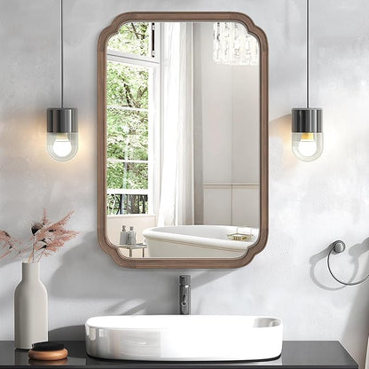 HOMECOOKIN Wood Bathroom Mirror for Wall Decor Arched Rounded Corner Rustic Wood Frame Wall Mirror Home Decorative for Vanity, Living Room, Bedroom, Entryway (24 x 36 inch, Walnut)