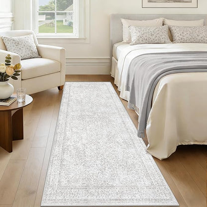 2x8 Hallway Runner Rug: Washable Vintage Floral Entryway Rugs Low Pile Non-Slip Boho Carpet for Kitchen, Bedroom, Bathroom, Dining Room (FloralGrey, 2'x8')