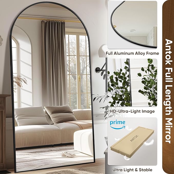 Antok Oversized Full Length Mirror with Stand, 81"x41" Arched Floor Mirror, Aluminum Frame, Wall Mounted/Leaning/Free Standing, Large Body Mirror for Bedroom Living Room Entryway Dressing Room,Black