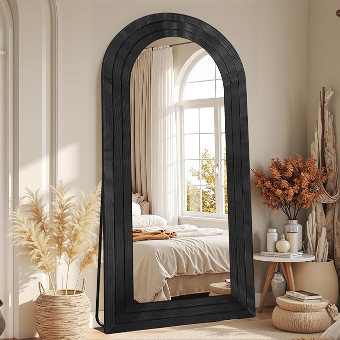 Antok Full Length Mirror with Solid Wood Frame, 71"×32" Wall Mounted Oversized Floor Mirror with Stand, Leaning Standing Hanging for Bedroom Living Room Entryway, Black, Arched Syle