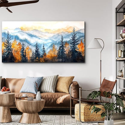 crmotu Landscape Wall Art, Mountain Wall Decor, Oversized Wall Art, Autumn Forest Scenic Watercolor Painting, Modern Pictures Wall Decor Living Room Bedroom Dining Room office Art Prints 29"X57"