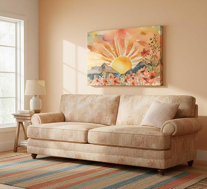 Boho Sun Canvas Wall art Mid-Century Modern Abstract Bohemian Sunset in The Mountains Watercolor Wildflowers Sunrise Landscape Picture Wall Decor Poster Print Artwork for Living Room Bedroom