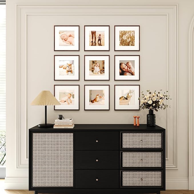 8x8 Picture Frame Set of 9, Display Pictures 4x4 with Mat or 8x8 without Mat, Multi Collage Gallery Square Photo Frames for Wall or Tabletop, Brown