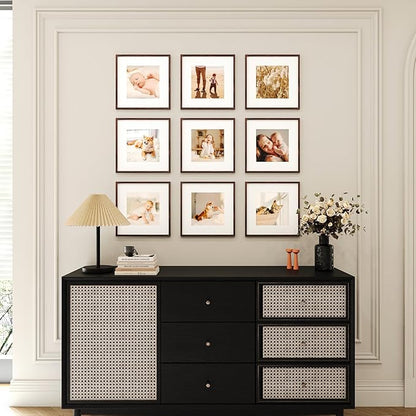 8x8 Picture Frame Set of 9, Display Pictures 4x4 with Mat or 8x8 without Mat, Multi Collage Gallery Square Photo Frames for Wall or Tabletop, Brown