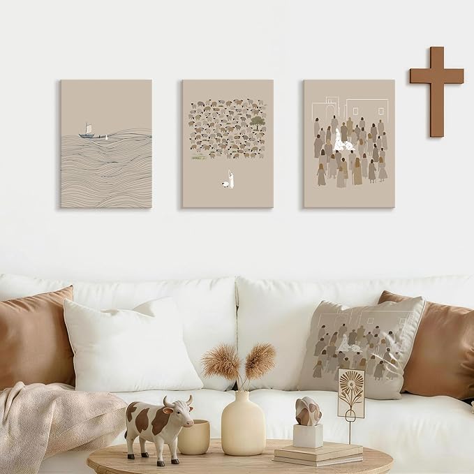 3Pcs Christian Wall Art Jesus Canvas Art Prints Beige Bible Sketches Painting Pictures Inspirational Scripture Artwork Posters Religious Wall Decor for Living Room Church Prayer Room 12”x16”x3