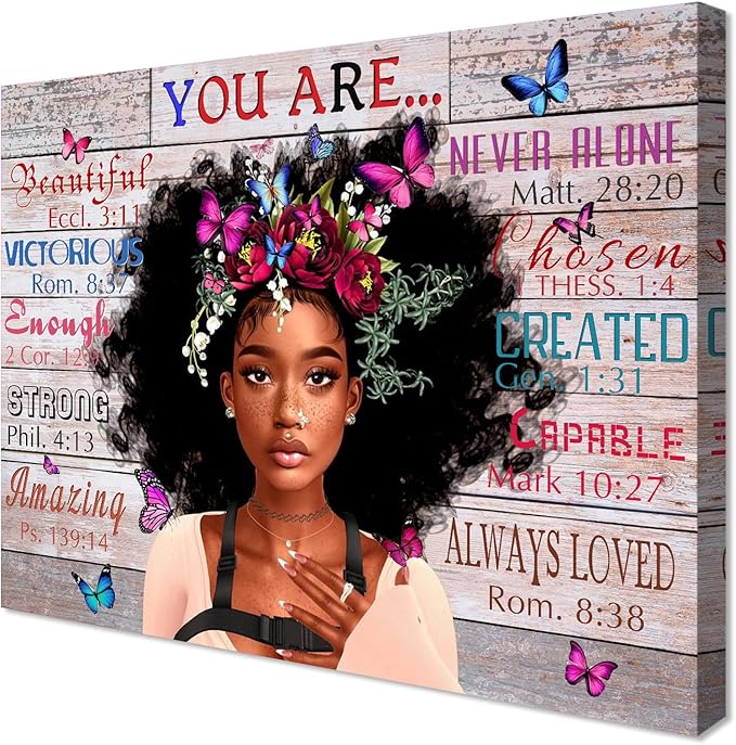 WOWGOOMO Vintage African American Women Wall Art Fashion Black Girl Portrait Canvas Pictures You Are Bible Quotes Poster for Living Room Bedroom Home Office Framed Inspirational Gift for Women 16"x24"