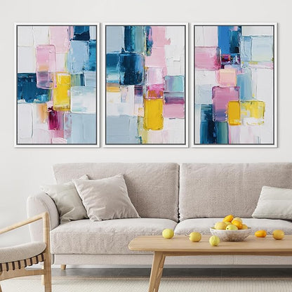 SIGNLEADER Framed Canvas Print Wall Art Set Vibrant Colorful Block Abstract Bold Pink Blue Illustrations Minimal Decorative Bohemian Nordic for Living Room, Bedroom, Office - 16"x24"x3 WHITE