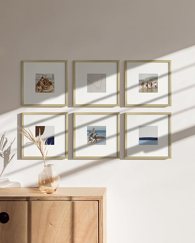 HAUS AND HUES 10x10 Gold Metal Picture Frames Matted to 5x5 - Premium Aluminum with Hanging Hardware, Shatterproof Plexiglass - Ideal for Home or Office (10x10 in, Gold, Set of 6)