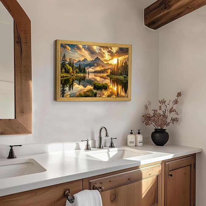 Framed Canvas Wall Art 12x16 Inch, Vintage Landscape Wall Art Decor, Countryside Farmhouse Sunset Landscape Wall Decor, Retro Mountain Vintage Painting Prints for Living Room Bedroom Home Bathroom Decor