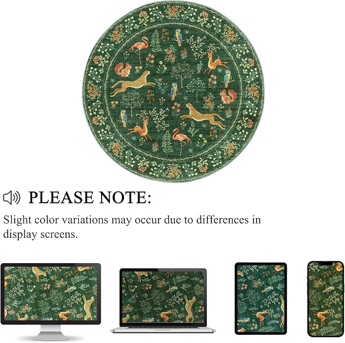 DUKINO 4ft Round Rug, Washable Round Area Rug, Non Slip Indoor Low Pile Animal Design, Soft Small Vintage Circle Carpet for Bedroom, Entryway, Living Room, Dining Room, Green