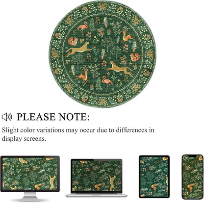 DUKINO 4ft Round Rug, Washable Round Area Rug, Non Slip Indoor Low Pile Animal Design, Soft Small Vintage Circle Carpet for Bedroom, Entryway, Living Room, Dining Room, Green