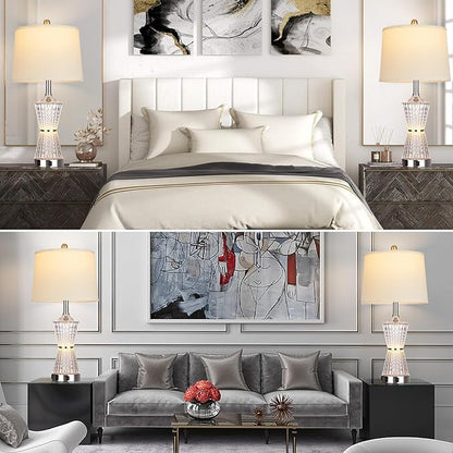 26" Modern Table Lamps, Set of 2 Table Lamp Night Light with 2 USB Charging Ports & AC Outlet, Bedside Nightstand Lamp White Shade for Living Room Bedroom Home Decor Silver(LED Bulbs Included)