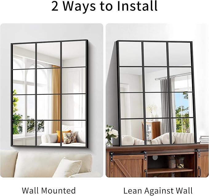 Rectangle Mirror, Window Mirror Wall Mounted, 36"×48" Window Pane Mirror Wall Decor Metal Framed, Large Black Mirror for Bedroom Living Room Fireplace Entryway Hanging or Leaning Against Wall