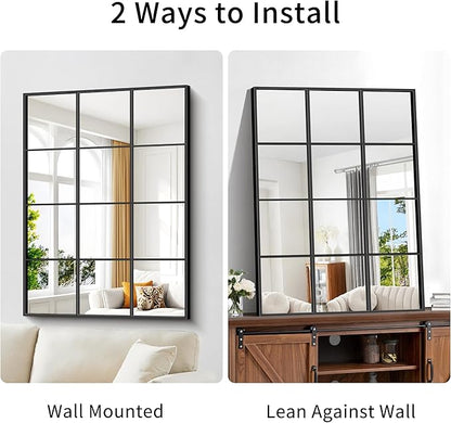 Rectangle Mirror, Window Mirror Wall Mounted, 36"×48" Window Pane Mirror Wall Decor Metal Framed, Large Black Mirror for Bedroom Living Room Fireplace Entryway Hanging or Leaning Against Wall