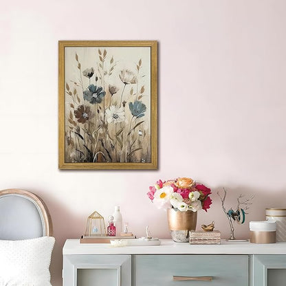 Yaneiro Wood Framed Vintage Wildflower Wall Art, Boho Canvas Wall Decor Paintings, Sage Flower Bathroom Decor, Countryside Farmhouse Landscape Posters Print for Bedroom Hallway Living Room 12x16 Inch