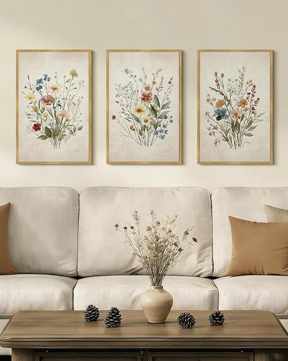 Drsoum Vintage Flower Bouquet Framed Retro Wildflower Botanical Pictures Prints Modern Colorful Floral Rustic Artwork Bedroom Living Room Ready to Hang 16x24in Natural Framed
