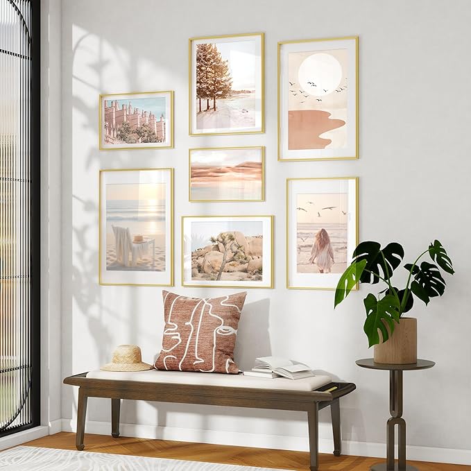 Fun Memories 5x7 Picture Frame Gold, High-End Aluminum Frames 5 x 7 for Wall & Tabletop Display, 5 by 7 Photo Frames with Real Glass, 5x7 Frame with Mat for 4x6, 1 Pack
