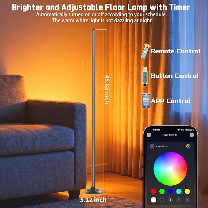 NBBUFF Led Corner Floor Lamp USB Powered with App & Remote Control, Color Changing Led Lamp Music Sync IC+RGBW, Timer, 64+ Music Modes, Standing Lamps for Living Room Lamp Bedroom Gaming Room, 1 Pack