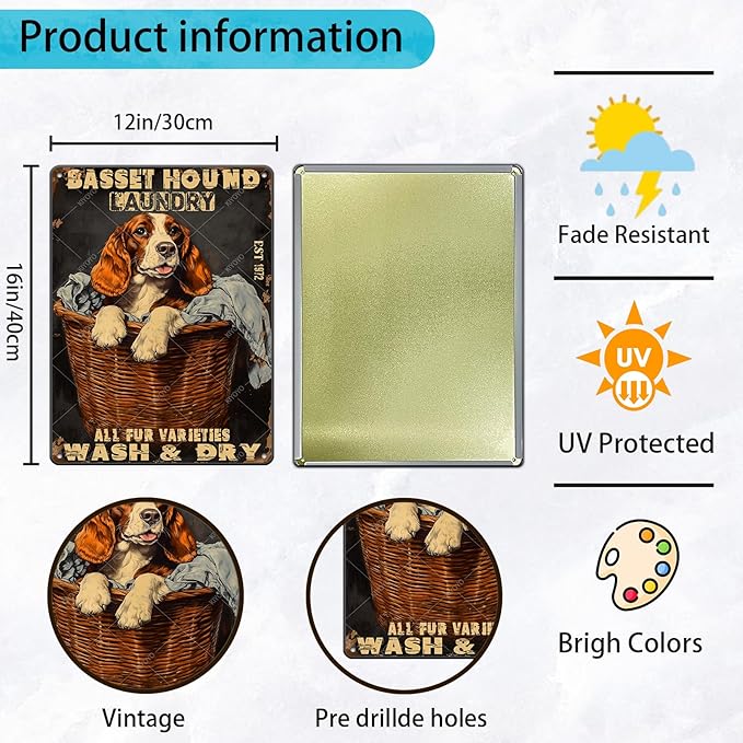 Retro Metal Poster Basset Hound Laundry Wash And Dry Metal Tin Signs Vintage Plaque Wall Decor for Home Laundry room Bathroom 16x12 Inch