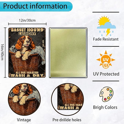 Retro Metal Poster Basset Hound Laundry Wash And Dry Metal Tin Signs Vintage Plaque Wall Decor for Home Laundry room Bathroom 16x12 Inch