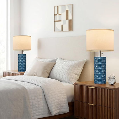 Reaketon Table Lamps for Living Room Set of 2, Ceramic Table Lamps for Bedroom, 20" Modern Lamps for Night Stands, Blue