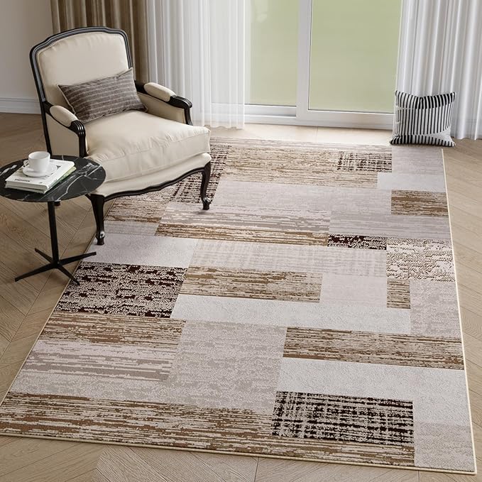 FlyDOIT Modern Geometric Patchwork Area Rug, 4x6 Beige Large Rugs for Living Room, Rockwood Collection Indoor Rugs for Bedroom, Throw Carpet Floor Decor for Entryway Dining Room Office Nursery