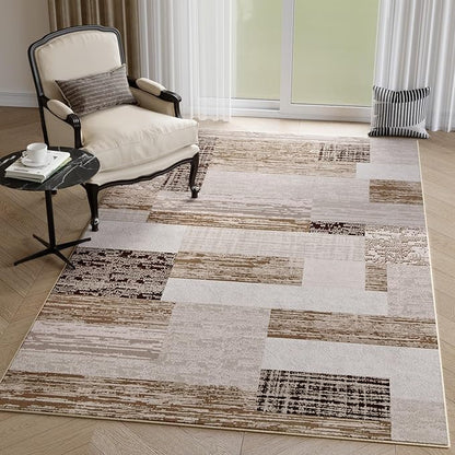 FlyDOIT Modern Geometric Patchwork Area Rug, 4x6 Beige Large Rugs for Living Room, Rockwood Collection Indoor Rugs for Bedroom, Throw Carpet Floor Decor for Entryway Dining Room Office Nursery