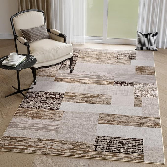 FlyDOIT Modern Geometric Patchwork Area Rug, 4x6 Beige Large Rugs for Living Room, Rockwood Collection Indoor Rugs for Bedroom, Throw Carpet Floor Decor for Entryway Dining Room Office Nursery