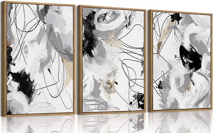 myusuar 3 Piece Large Modern Abstract Canvas Framed Wall Art For Living Room, Black And White Lines Minimalist Wall Art Decor Posters Prints For Bedroom Office, 16x24in