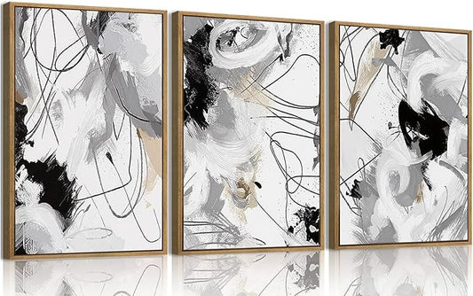 myusuar 3 Piece Large Modern Abstract Canvas Framed Wall Art For Living Room, Black And White Lines Minimalist Wall Art Decor Posters Prints For Bedroom Office, 16x24in