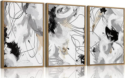myusuar 3 Piece Large Modern Abstract Canvas Framed Wall Art For Living Room, Black And White Lines Minimalist Wall Art Decor Posters Prints For Bedroom Office, 12x16in