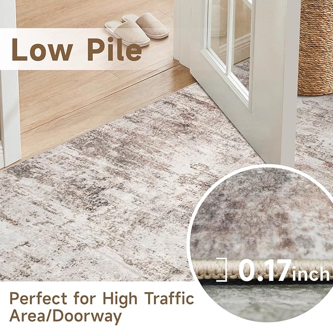 RUUGME 9X12 Abstract Area Rug:Large Washable Living Room Rug Non Slip Low Pile Carpet for Bedroom Soft Foldable Stain Resistant Distressed Thin Rug for Dining Room Kitchen 9X12 Brick/Brown/Beige